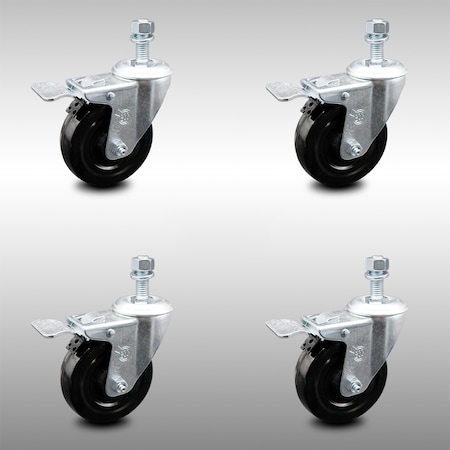 Service Caster 4 Inch SS Hard Rubber Swivel 1/2 Inch Threaded Stem Caster Set Total Lock Brake SCC-SSTSTTL20S414-HRS-121315-4